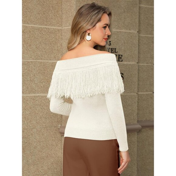 Women's Fringe Top Acrylic Polyester Nylon Slim Fit Off Shoulder Sweater - Picture 2 of 8